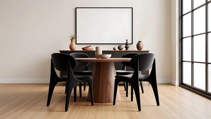 Modern dining room with blank frame perfect for interior design mockups