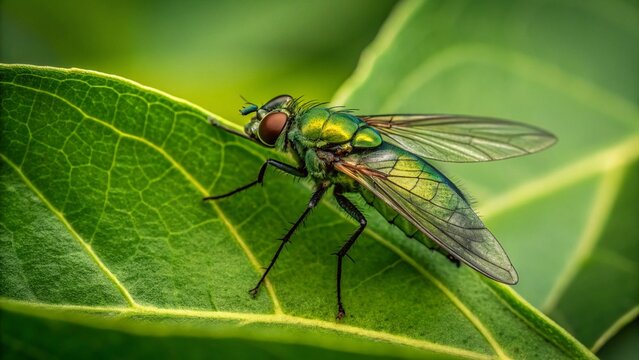 A vibrant dragonfly with delicate wings rests on a green leaf in a macro shot of a wild insect