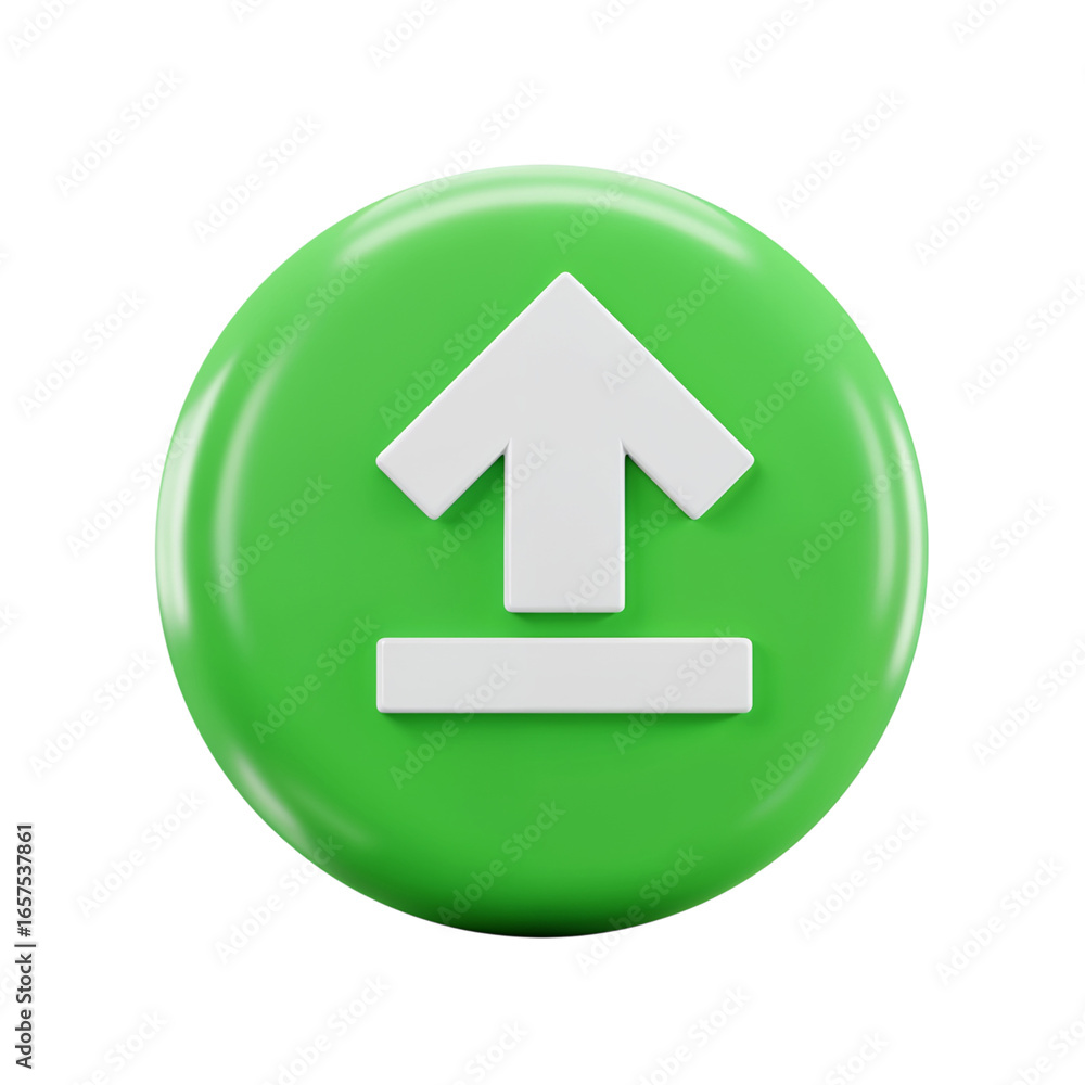 Poster glossy green circular button with white upward arrow icon symbolizing upload or go up isolated on tr