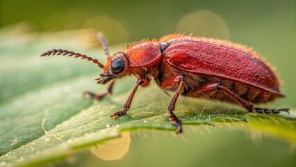 Naklejka premium A green insect rests on a leaf, a macro closeup of a small bug