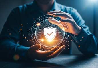 Businessman with virtual cyber security technology and online data protection for security of data storage used by global business network server to secure cyber information.