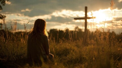 Woman praying in nature during sunset with cross in the background and cloudy sky.