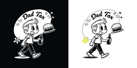 A vintage style monochrome T-shirt design of a boy is walking with a water bottle and a burger.