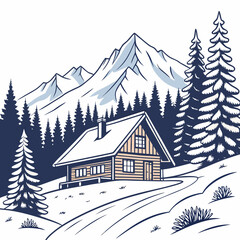 Cozy wooden cabin nestled in a snowy forest with majestic snow capped mountains in the background © mukul