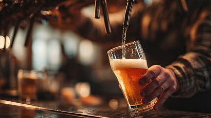 Pouring golden craft beer into a glass, creating frothy head, perfect pint moment