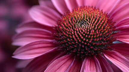 Fototapeta premium Stunning macro view of vibrant pink echinacea flower petals and intricate center detail