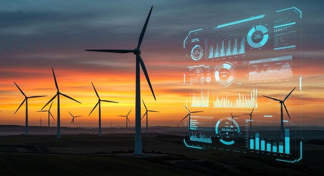 Futuristic digital interface overlaid on a serene wind turbine park at sunset, symbolizing advanced clean energy monitoring, sustainable power solutions, and intelligent energy management systems.