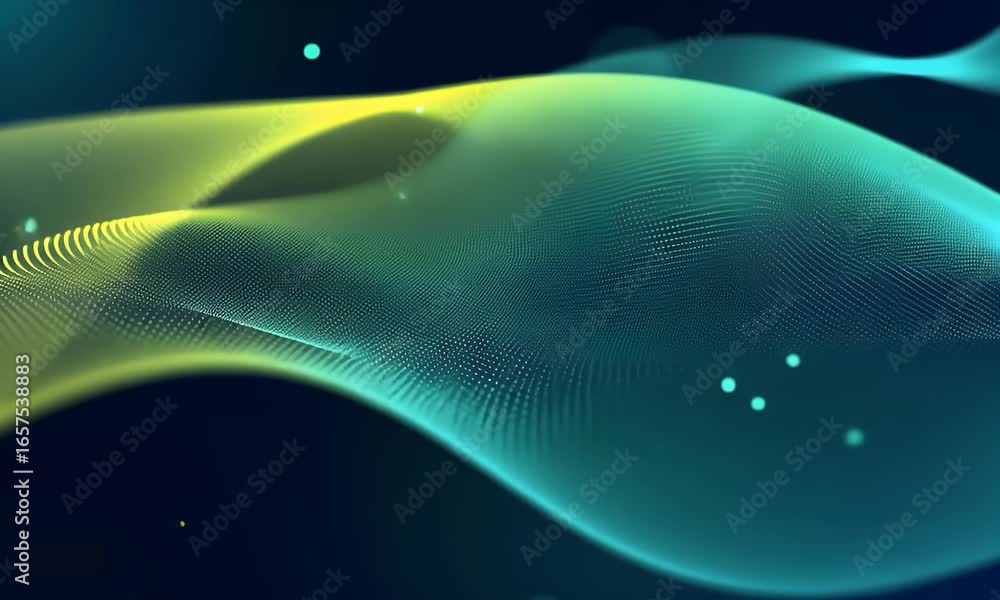 Poster abstract digital background with a wave of dots and lines in a dark blue-green color, suitable for a