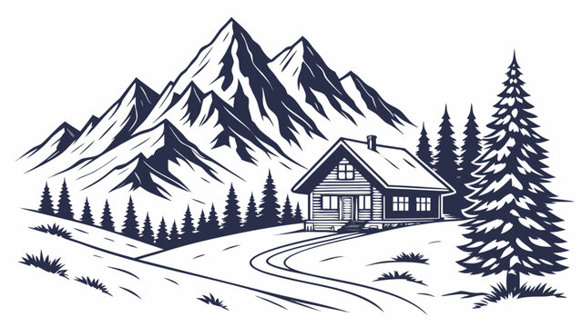 Rustic log cabin nestled in a snowy mountain landscape surrounded by pine trees and a winding path