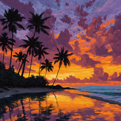 A beautiful sunset over the ocean with palm trees in the background
