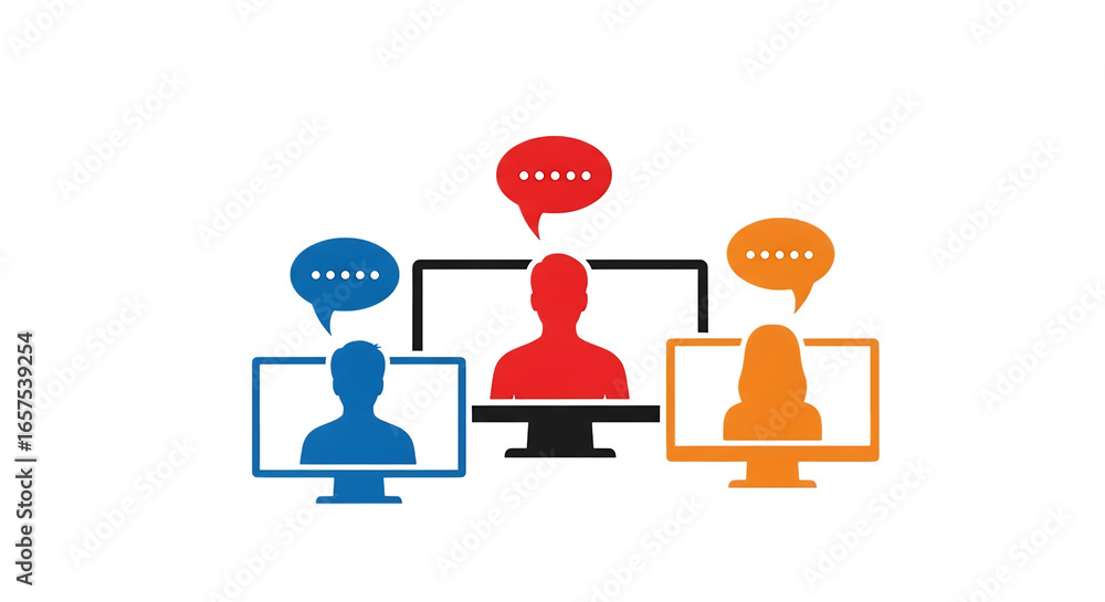 Aufkleber diverse group of people communicating through online computer screens with speech bubbles, symbolizi