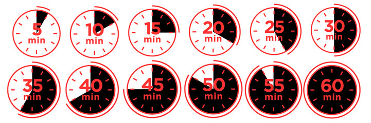 Set of clock icons from 5 to 60 minute, set of stopwatch icons from 5 to 60 minute, set of timer countdown icons from 5 to 60 minute,