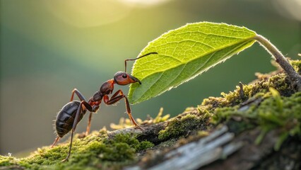 Black carpenter ant, a small insect, isolated on a green leaf with its antenna in a macro nature closeup