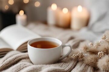 Warm and comfy autumn atmosphere with a cup of tea, open book, blanket and candles creating a relaxing mood
