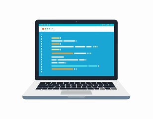 Modern Laptop Displaying Code in Flat Design Style.