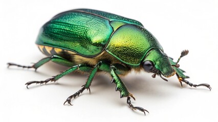 Naklejka premium A closeup macro of a small green beetle with long antennae on a white background