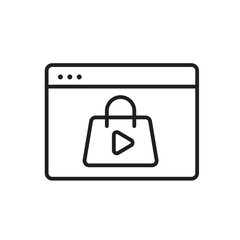A vector icon representing livestream shopping with a play button and shopping bag, created in line style with editable stroke
