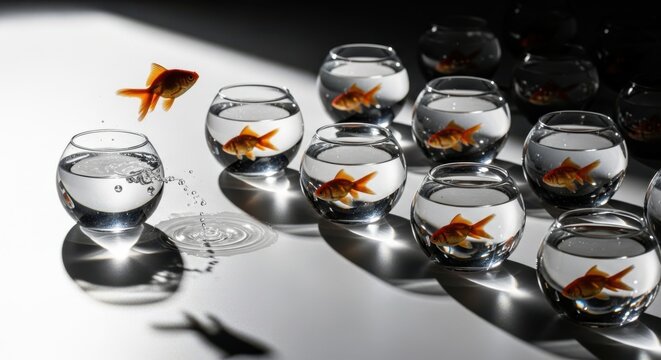 Goldfish leaping from one bowl to another in a dramatic escape attempt