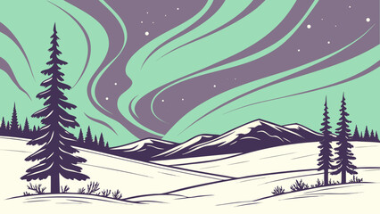 Stylized illustration of a serene winter landscape with snow covered hills and majestic mountains under a vibrant aurora borealis sky © mukul