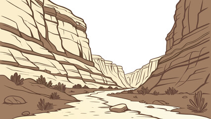 Stylized illustration of a winding river flowing through a vast desert canyon with layered rock formations and sparse vegetation © mukul