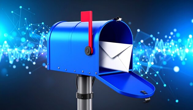 Blue Mailbox with Envelope on Futuristic Background – Digital Communication Concept