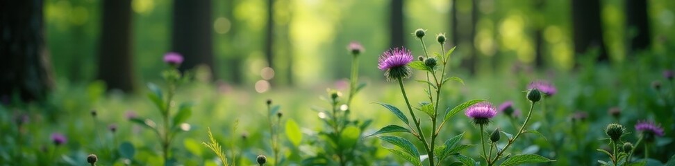 Dense cluster of Black Knapweed amongst forest foliage, flora, meadow, herbal plant