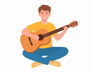 Obraz premium Smiling Boy Playing Acoustic Guitar Sitting Cross-Legged.