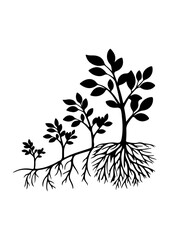Growing Plants with Root System Silhouette Illustration