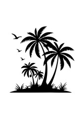 Silhouette of Tropical Island with Palm Trees and Birds