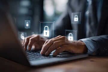 Person secures data on laptop, digital locks displayed