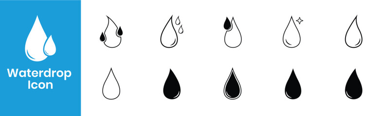 Water Drop Icons Set – Clean Liquid Droplet Symbols in Line & Solid Style