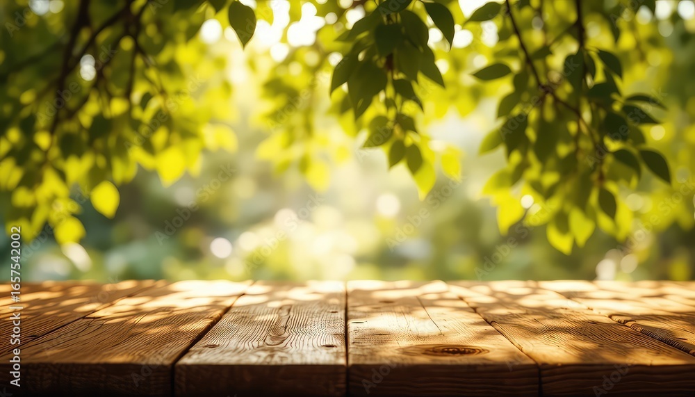 Poster wooden surface in a sun-drenched environment with dappled shade filtering through a canopy of bright