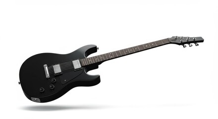 Floating Black Electric Guitar on White Background  Music Creativity and Rock Culture