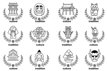 set of illustrations in the concept of Japanese culture in a line style