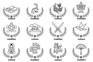 set of illustrations in the concept of Japanese culture in a line style