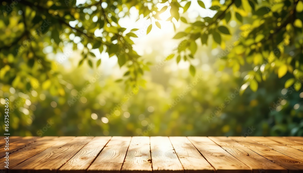 Poster sunlight filters through vibrant green leaves, casting a warm glow on an empty wooden tabletop, crea