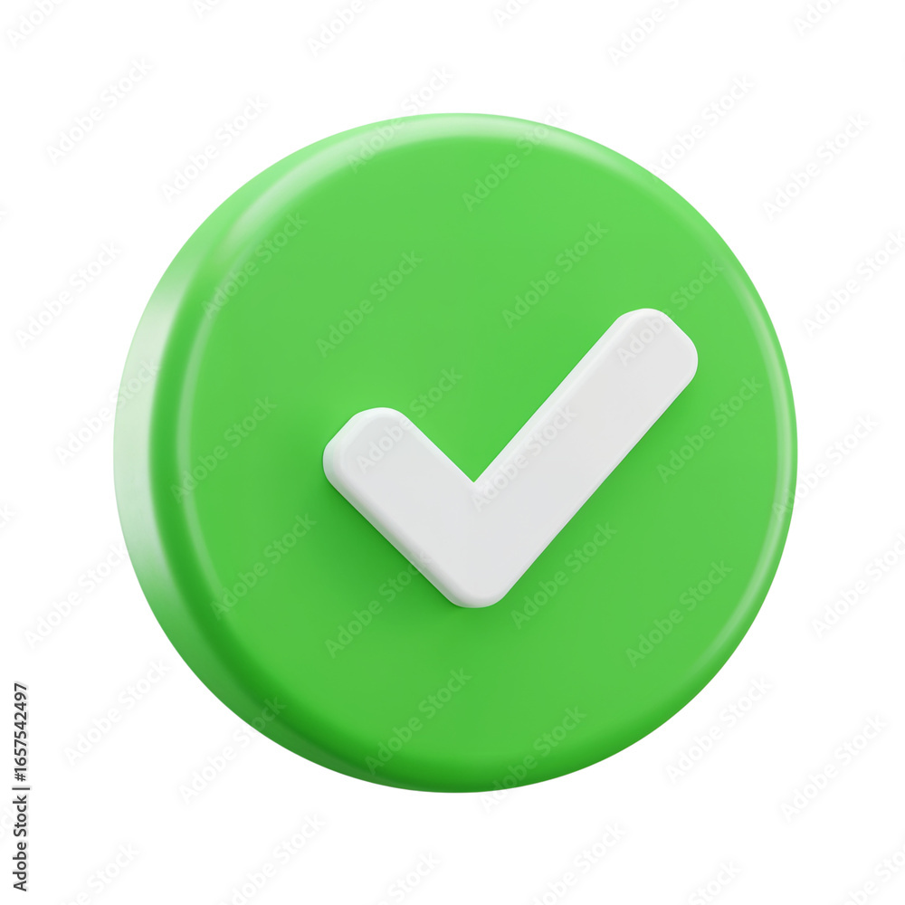 Poster a bright green circular button with a white checkmark symbol indicating confirmation or completion i