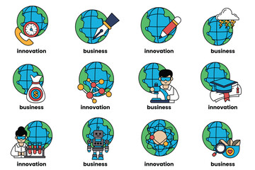 set of illustrations in the concept of World and Business in a line style