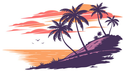 Obraz premium Stylized silhouette of tropical palm trees on a hillside overlooking the ocean at sunset