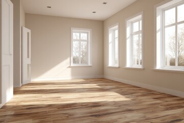 A sunlit, empty room with light beige walls, white trim, and a wooden floor showcases a bright and airy interior.
