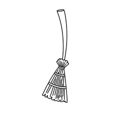 A black and white drawing of a broomstick with a bundle of straw on the end