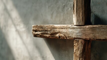 Close-up of weathered wooden shelf mounted on textured concrete wall interior.