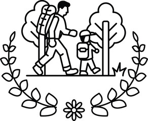 A man and a child are walking in a forest