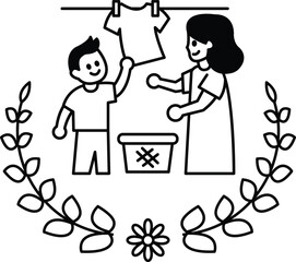 A woman and a child are hanging clothes on a clothesline