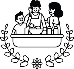 A family is cooking together in a kitchen