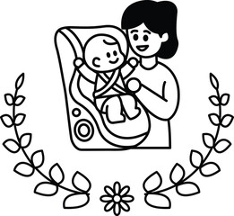 A woman is holding a baby in a car seat