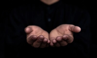 Open hands of a man in a black shirt, offering support and displaying vulnerability against a dark background, symbolize hope and charity