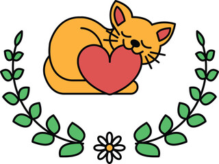 A cat is sleeping with a heart on its chest