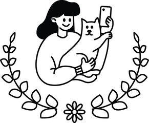 A woman is holding a cat and taking a picture of it with a cell phone