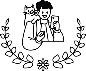 A man is holding a cat and looking at his phone